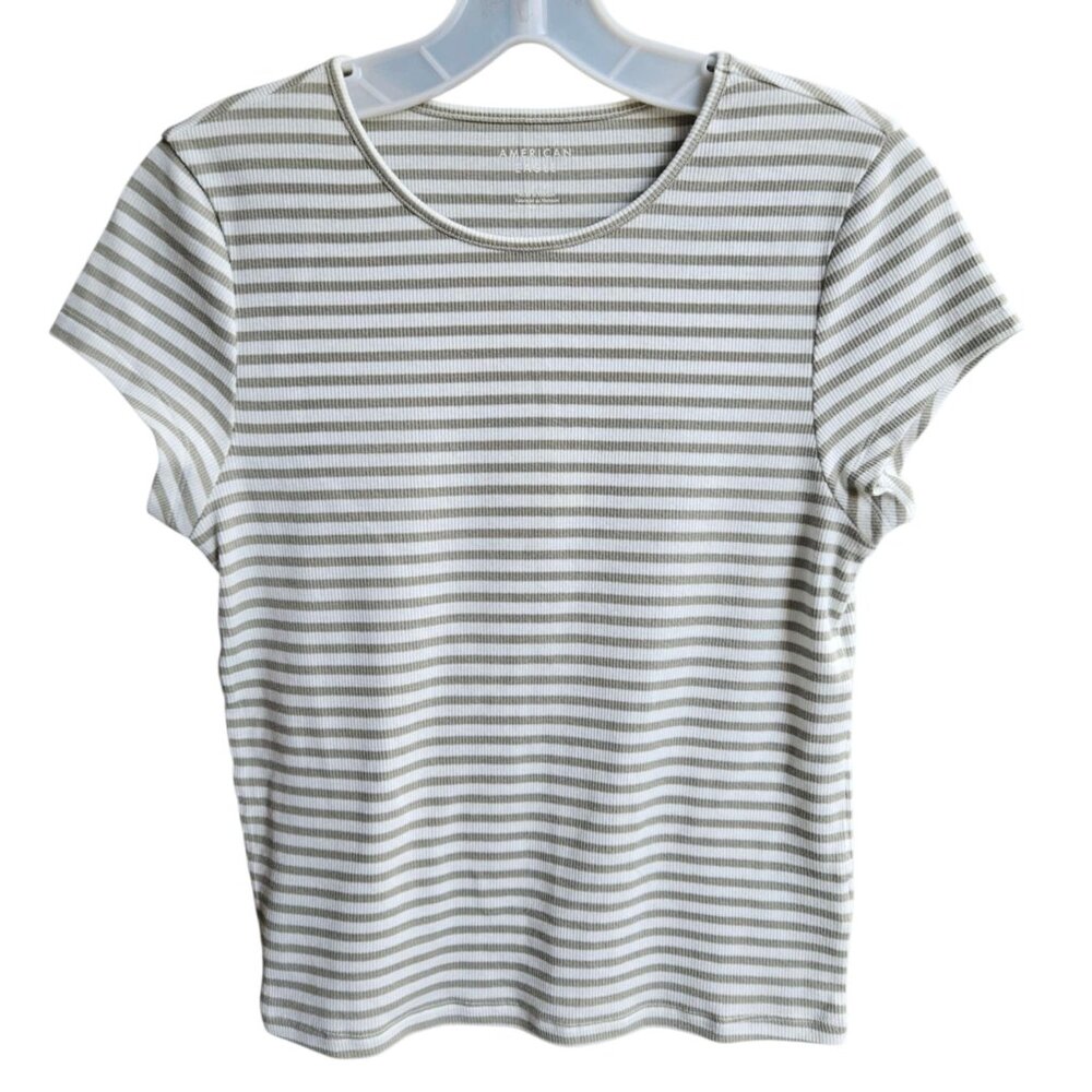 American Eagle AE Fitted Soft White & Sage Green Short Sleeve Striped Top Size L